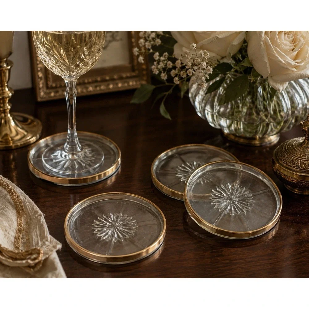 Set Of 4 Vintage Federal Glass with Star Burst Coaster or Trinket Dish